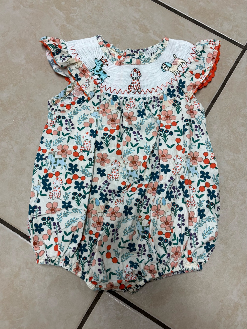 Marie Nicole Floral Puppy Print Rushed Baby Girls Romper - Cream with Coral & Na